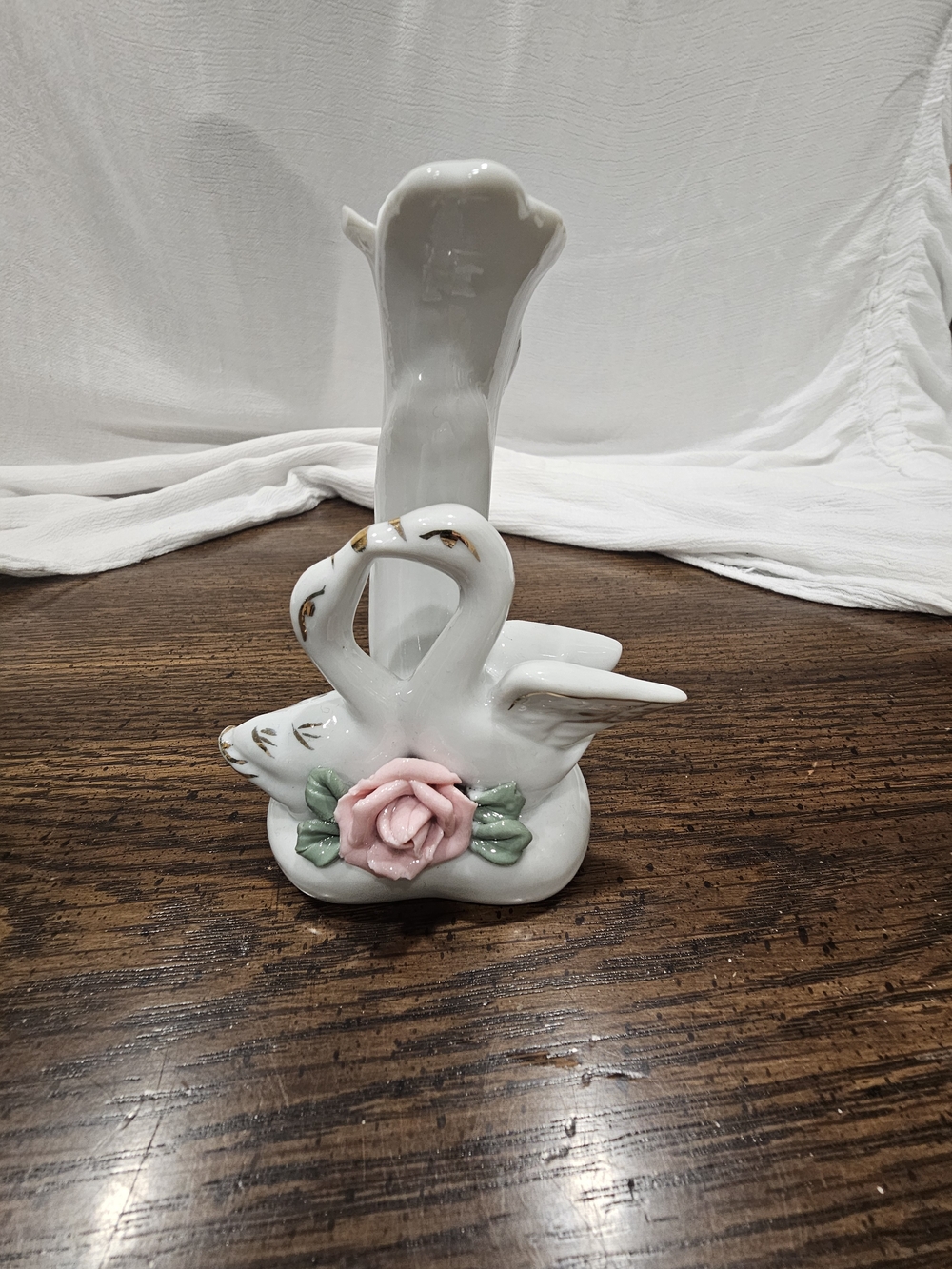 Vintage Twin Swans Heart-Shaped Based Porcelain Mini Vase